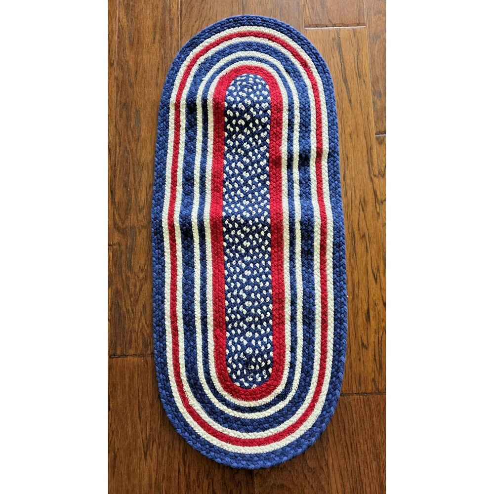 Patriotic Cotton Braided Red, White & Blue Rug 35x14.5" New